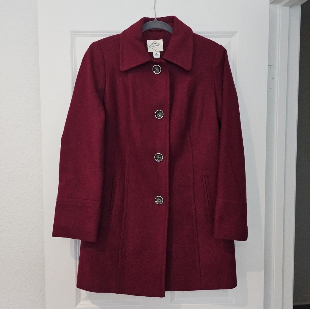 St. John's Bay Button Front Wool Blend Pea Coat Burgundy S